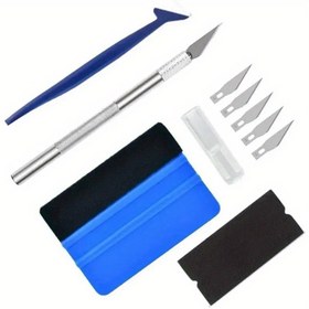 Resim Vinyl Wraps Aksesuarları Kiti: Çizik Olmayan Mavi Kontur Squeegee, Wrap Stick, Metal Hassas Bıçak +5 Bıçak, PPF/Çerçeveli Cam Tint Kurulumu için Çift Taraflı Kazıyıcı ve Felt Aracı 