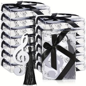 Resim 6 Adet Şık Metal Müzik Notası Kitap Ayracı Siyah Püsküllü & Hediye Kutusu - Dayanıklı PP Malzeme, Düğün İkramları için Sol Anahtarı Tasarımı, Doğum Günü Hediyeleri, Sınıf, Ofis, Ev Müzik Severler İçin - Müzik Temalı Dekor 