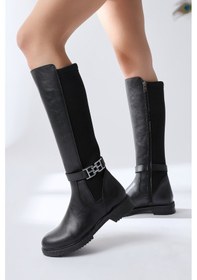 Resim Mountaha Siyah Dalgıç Kumaş Konçlu Aksesuar Detaylı Kısa Topuklu Çizme 001 