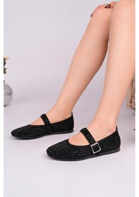 Resim Nesilshoes Nesil Shoes Gabbel 305 Siyah Süet Siyah Taşlı Kadın Babet Siyah Siyah 