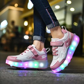 Resim 2024 Kızlar için LED Işıklı Hareket Sensörlü Dış Mekan Spor Ayakkabıları, Kapaklı ve Çizgili Tasarım - Her Mevsim Sokak Paten Ayakkabısı, Beyaz & Pembe PU/PVC/TPU Günlük Ayakkabı, Gençler İçin Trendy Sokak Giysisi, Şık Yuvarlak Burunlu, EVA Tabanlı Rahat TPU Tabanlık 