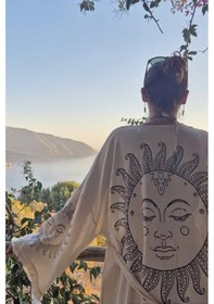 Resim Karakalem Astroloji Güneş Desenli Kemerli Püsküllü Doğal Kumaşlı Bohem Sahil Kimono Kaftan Bej Bej 