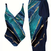 Resim Okyanus Altın Baskılı Bodysuit ve Twist Stilinde Sarma Etekten Oluşan İki Parçalı Set 