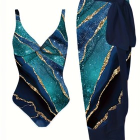 Resim Okyanus Altın Baskılı Bodysuit ve Twist Stilinde Sarma Etekten Oluşan İki Parçalı Set 
