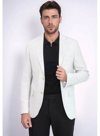 Resim Açık Gri Balıksırtı Desenli Gold Renk Metal Düğmeli Slim Fit Erkek Blazer Ceket - Wessi Grey 