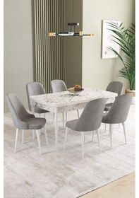 Resim Ikon Beyaz Mermer Desen 80x132 Mdf Açılabilir Yemek Masası Takımı 6 Adet Sandalye Gri 