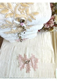 Resim 3.lü Set Çeyizlik 50x90 Cm. Lüks Piliseli Özel Kadife Doku El Ve Yüz Havlu Seti, Nişan Havlusu krem 