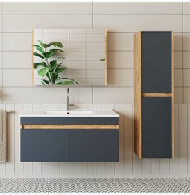 Resim Roomart 'lavabolu' Atlantik - Antrasit Mdf 100 Cm Banyo Dolabı Atlantik Çam - Antrasit 