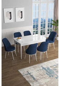 Resim Canisa Han Serisi, Beyaz 70x114 Açılabilir Mdf Mutfak Masa Takımı, 6 Lacivert Sandalye Masa Beyaz Sandalyeler Lacivert 