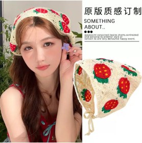Resim synshop Çilekli Örgü Üçgen Bandana Kırmızı Krem Saç Bandı Kadın Genç Kız Çocuk Yazlık Bohem Vintage Kore Tarzı Ayçiçek 