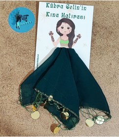 Resim Butenin Atölyesi Kişiye özel tasarım kartlı yeşil şifon kına mendili, 10 adet 