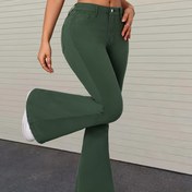 Resim Kadınlar için Ordu Yeşili Esnek Flare Kot Pantolon - Yüksek Bel, Zımba Cebi ve Düğme Kapatmalı, Rahat Günlük Tarz, Retro Bellbottoms|Sıkı Kesim Kot Pantolon 