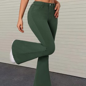 Resim Kadınlar için Ordu Yeşili Esnek Flare Kot Pantolon - Yüksek Bel, Zımba Cebi ve Düğme Kapatmalı, Rahat Günlük Tarz, Retro Bellbottoms|Sıkı Kesim Kot Pantolon 