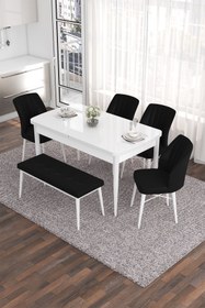 Resim Canisa Eva Serisi 80x132 Açılabilir Mdf Mutfak Masası Takımı Beyaz Masa 4 Siyah Sandalye 1 Bench 