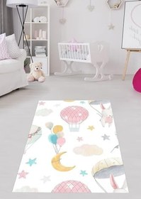 Resim Pelangi Uçan Balon Bulut Desenli Halı Dijital Baskı Yıkanabilir Kaymaz Taban Leke Tutmaz Çocuk Odası Halısı, Beyaz 60 x 200 