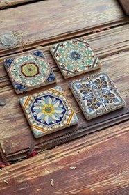 Resim Oscar Stone Decor Baskılı Doğaltaş Bardak Altlığı 4'Lü Set Desen Tile - Coaster Set 4Dsn-246 