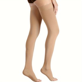 Resim 1 Çift Uniseks Açık Burunlu Bacak Üstü Kompresyon Çorapları 23-32 mmHg Dereceli Destek | Nefes Alabilen Naylon/Spanks Karışımı | Seyahat ve Günlük Konfor İçin Bej Renkli Çoraplar | Pürüzsüz Rahat Oturan Tasarım 
