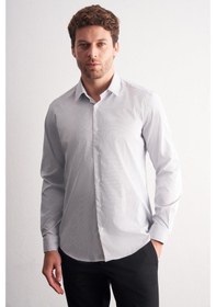 Resim İmza Beyaz - Lacivert Sert Yaka Çizgili Desen Uzun Kol Slim Fit Esnek Gömlek 1004255177 Beyaz - Lacivert 