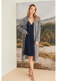 Resim Monamise Kadın Yaprak Desenli Dantelli Ve Dekolteli Sabahlık Takımı 23162-lacivert Lacivert 