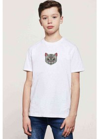 Resim Cat Renkli Hayvan Çok Renkli Kedi Baskılı Unisex Çocuk Beyaz T-S 