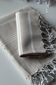 Resim %100 Pamuk Peştemal | Hafif, Emici, Hızlı Kuruyan | Peştemal + Peşkir Set | Sultan (Bej) 