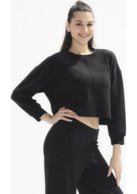 Resim Örme Crop Sweatshirt, Bisiklet Yaka - Poe 001 