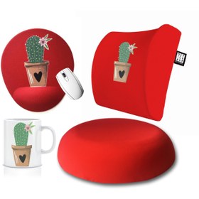 Resim AVANTAJLI 4'LÜ OFİS SETİ: Visco Bel Destek Yastığı & Oturma Minderi & Mousepad & Kupa - Cactus Kırmızı - HAYIR 