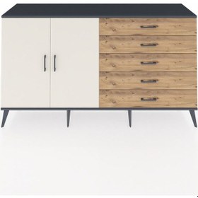 Resim Kronos Konsol 4 Raflı 5 Çekmeceli 2 Kapaklı 176x59x99 Antrasit-aytaşı/çam Aytası/atlas Çam - Antrasıt 