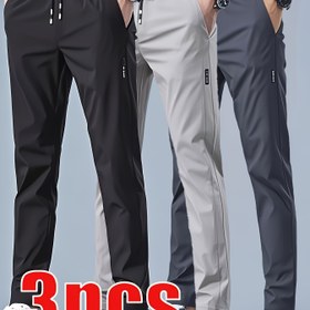 Resim 3 Adet Erkekler İçin Hızlı Kuruyan Jogger Pantolon - Elastik Bel ve Fermuarlı Cepli, Nefes Alabilen Yüksek Esnek Kumaş - Koşu, Spor Salonu, Açık Hava Aktiviteleri için Tüm Mevsim Uygun Regular Fit Atletik Günlük Pantolon 