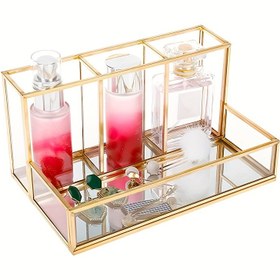 Resim 1 adet Metal Cam Makyaj Fırça Tutucu, Vintage Şeffaf Kozmetik Depolama Rafı Ayna Tepsisi ile, Parfüm Oje Ruj Depolama Kutusu, Ev Yatak Odası Masaüstü için 4 Izgara Depolama Rafı, Ev Depolama Malzemeleri, Oda Dekoru 