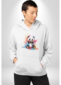 Resim Renkli Yavru Panda Kadın Erkek Beyaz Kapüşonlu Sweatshirt Hoodie Beyaz 