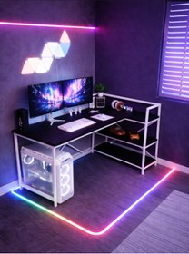 Resim Flinder Siyah/Beyaz Çift Yön Kullanıma Uygun, Raflı Gaming Oyuncu Masası, Bilgisayar Masası, Çalışma Masası 