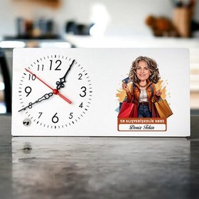 Resim Alışveriş Delisi Anne Karikatürlü Masa Saati 