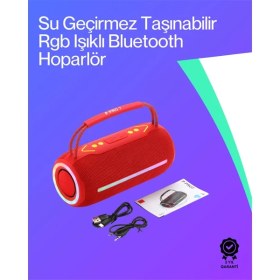 Resim 360 Rgb Led'li Taşınabilir Bluetooth Hoparlör - Kırmızı, Usb/tf Destekli 