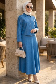 Resim N.S NEVA STYLE Etekli Mavi Tesettür İkili Takım 6287M 