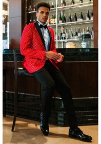 Resim Wessi Nokta Desenli Slim Fit Kırmızı Erkek Smokin Ceket Kırmızı 