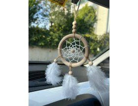 Resim Doğal Ahşap El Yapımı Araba Süsü Rüya Kapanı | Düş Kapanı | Dikiz Ayna Süsü | Dreamcatcher | 9 cm 