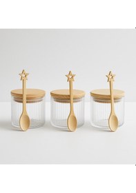 Resim 3 Lü Bambu Kasıklı Bambu Kapaklı Borosılıkat Cam Kahvaltılık 90 X 60 Seti Beyaz 