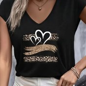 Resim Kalp Baskılı V Yaka T-shirt, Bahar Ve Yaz Için Rahat Kısa Kollu Üst, Kadın Giyim 
