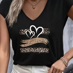 Resim Kalp Baskılı V Yaka T-shirt, Bahar Ve Yaz Için Rahat Kısa Kollu Üst, Kadın Giyim 