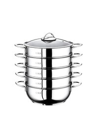 Resim 6 Parça Paslanmaz Çelik, Cam Kapaklı 32x10 Cm - 7 Litre Buharlı Pişirici, Mantı Tenceresi Gümüş 