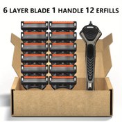 Resim 1 Adet Erkek Manuel Jilet Seti - 6 Katmanlı Güvenlikli Tıraş Makinesi, 1 Sap ve 12 Adet Yeniden Doldurulabilir Metal Bıçak ile Sakal ve Bıyık Bakımı İçin - Pürüzsüz Tıraş Deneyimi İçin Kullanımı ve Temizliği Kolay 