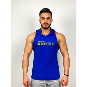 Resim Mavi Erkek Regular Fit -Iron Addict- Baskılı Kapüşonlu Kolsuz Sporcu Hoodie 