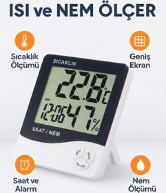 Resim TeknoEser Dijital Isı ve Nem Ölçer Büyük LCD Ekranlı Termometre Higrometre Saat Alarm Takvim Oda Termometresi 