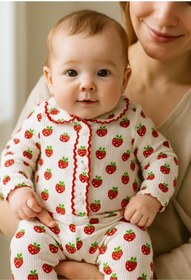 Resim anne dokunuşu gibi KUZUM BEBE 2’li Fitilli Kumaş Çilek Desenli Kız Bebek Çocuk Alt Üst Pijama Takımı 