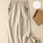 Resim Kadınlar İçin Nakışlı Keten Pantolon - Bol Kesim Düz Paça Bilek Boyu Rahat Bel Lastikli, Nefes Alabilen Makinede Yıkanabilir İlkbahar Yaz Sonbahar Yazlık Vintage Desenli Doğal Kumaş 