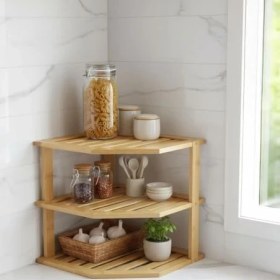 Resim 3 Katlı Doğal Bambu Köşe Rafı - Tezgah Üstü Mutfak ve Banyo Düzenleyici | Baharatlık, Kavanoz ve Dekoratif Rafı (24.5X24.5X23 Cm) 