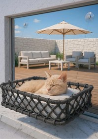 Resim Tasaryum El Örgüsü Kedi ve Köpek Vantuzlu Cam Yatağı, Kedi Hamağı Puf Minderli Antrasit 