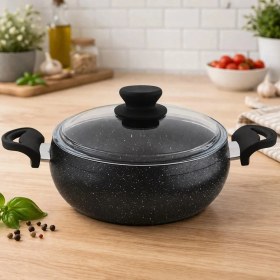 Resim Lavonni Granit Pro 22 Cm Derin Granit Güveç Tencere Siyah Bakalit Saplı Cam Kapaklı Yapışmaz 