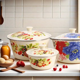 Resim Kapaklı 1 adet Emaye Büyük Kapasiteli Kase, Çorba Kasesi, Sebze Salata Karıştırma Kasesi, Yağlık, Yiyecek Saklama Kabı, Ekmek Fermente Kasesi, Restoran ve Ev Mutfak Pişirme için Uygun, Gaz Ateşinde ve Elektrikli Ocakta Isıtılabilir 
